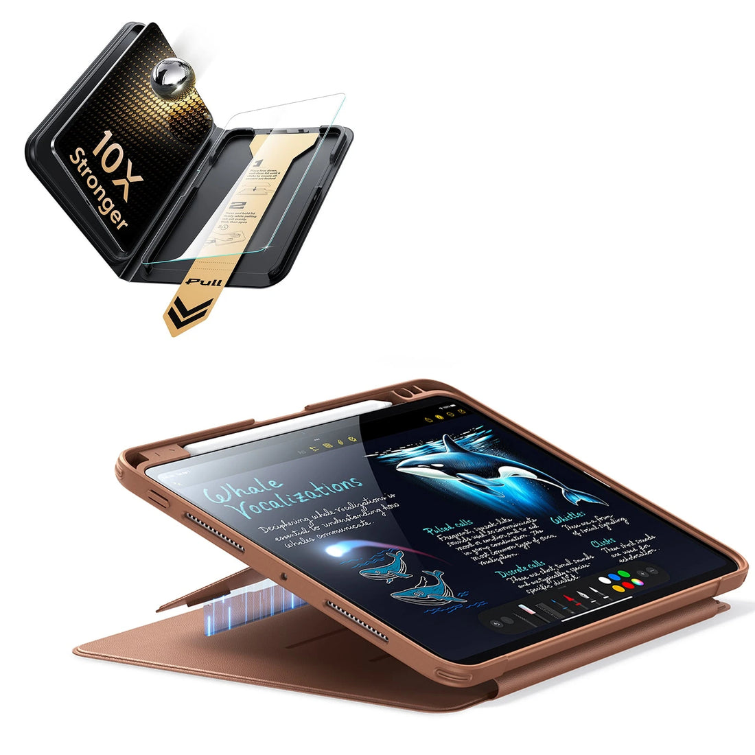 iPad Pro 13" (M5) 2025 Bundle Flip Magnetic Case (Pencil Holder) & Armorite Pro Screen Protector With UltraFit Tray - Brown