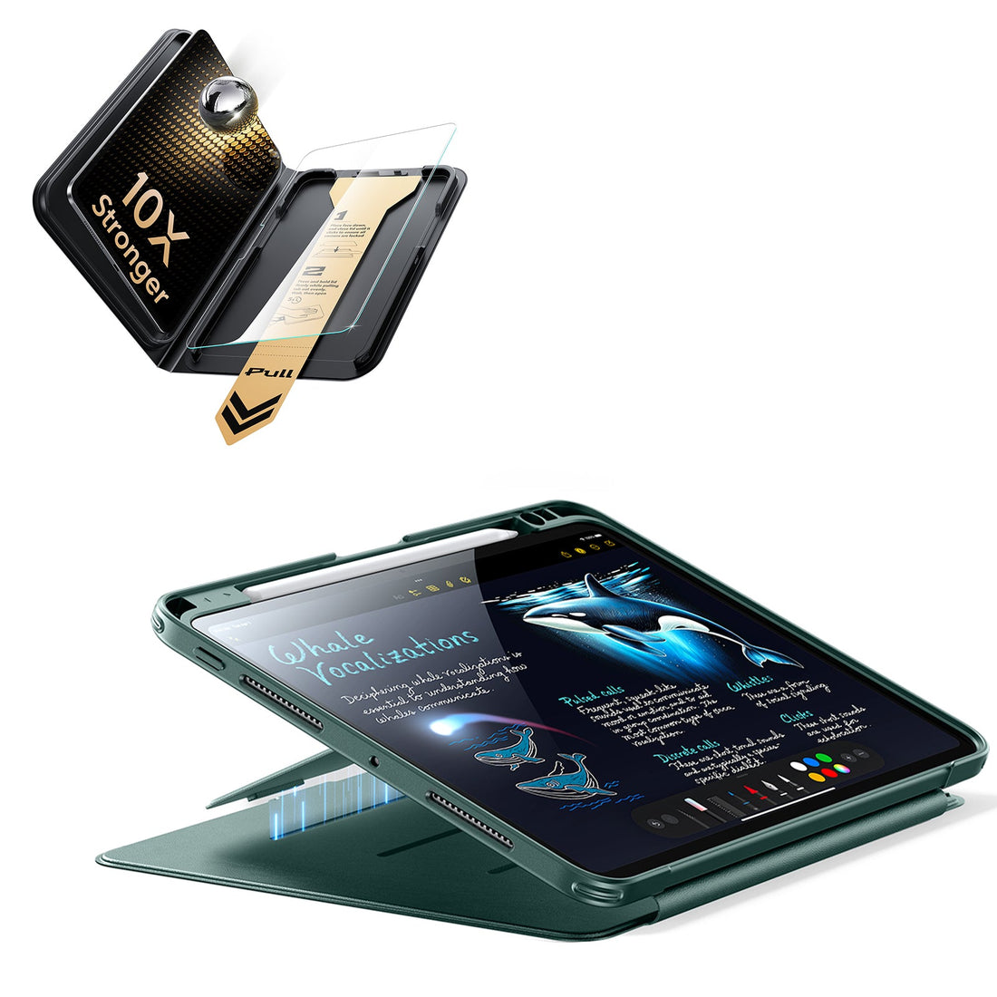 iPad Pro 13" (M5) 2025 Bundle Flip Magnetic Case (Pencil Holder) & Armorite Pro Screen Protector With UltraFit Tray - Green