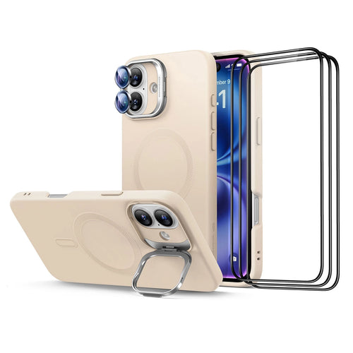 iPhone 16 Plus Cloud Weiche Hülle mit Versteck Ständer Schutz Bundle - Light Tan