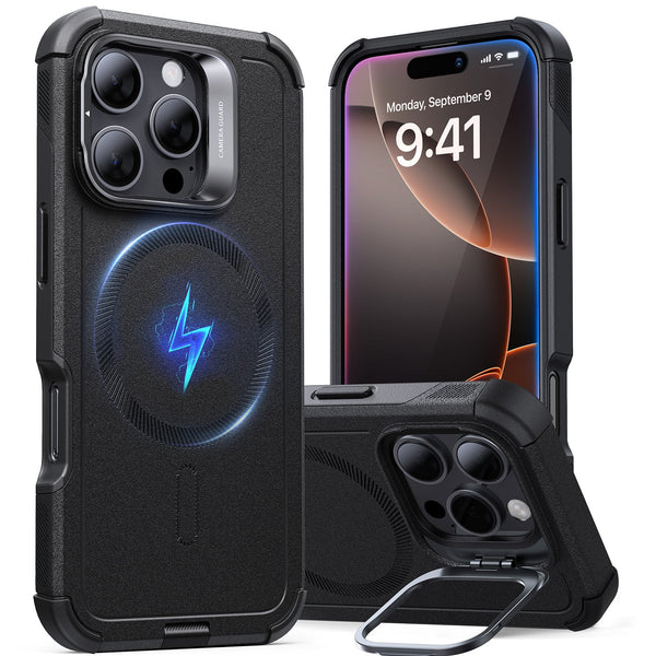 ESR Coque Cyber Tough avec Stash Stand (HaloLock) pour iPhone 16 Pro – Noire