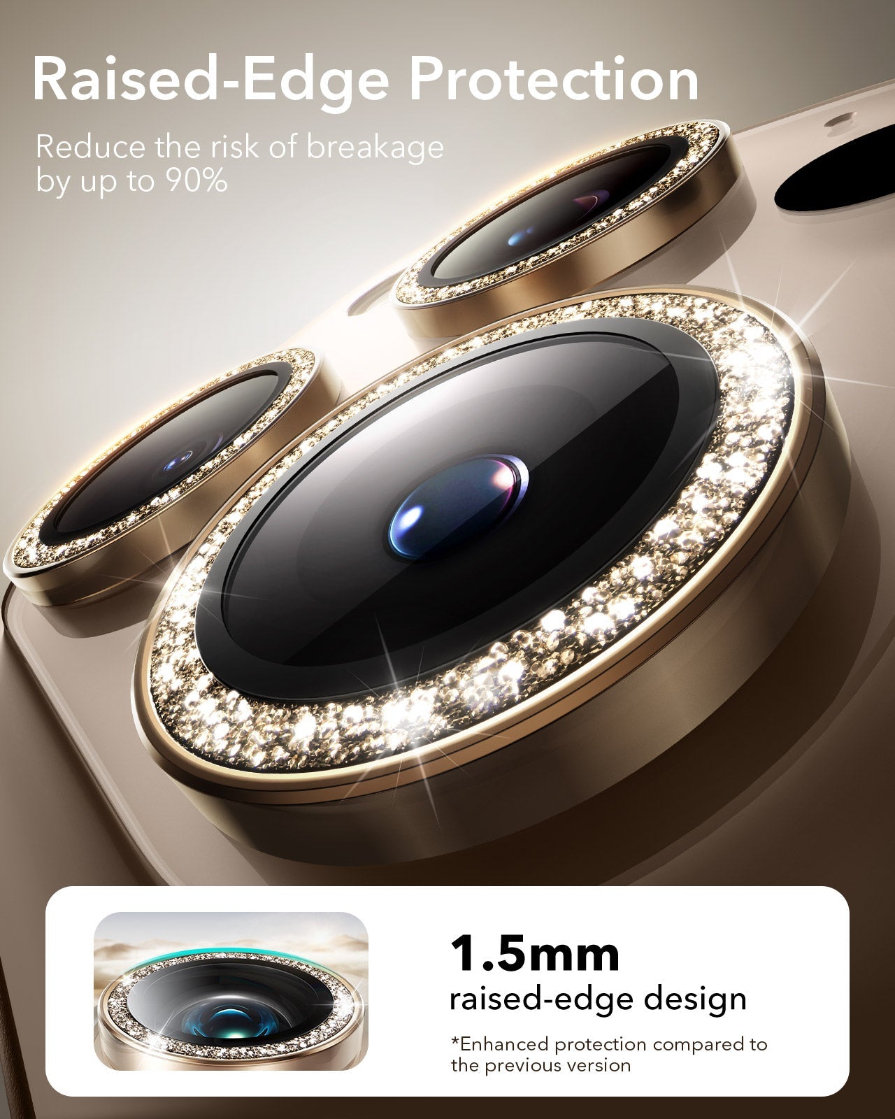 iPhone 17 Pro Max17 Pro16 Pro Max16 Pro15 Pro Max15 Pro14 Pro Max14 Pro Cameras Lens Protector Desert Titanium Shimmer raised edge protection