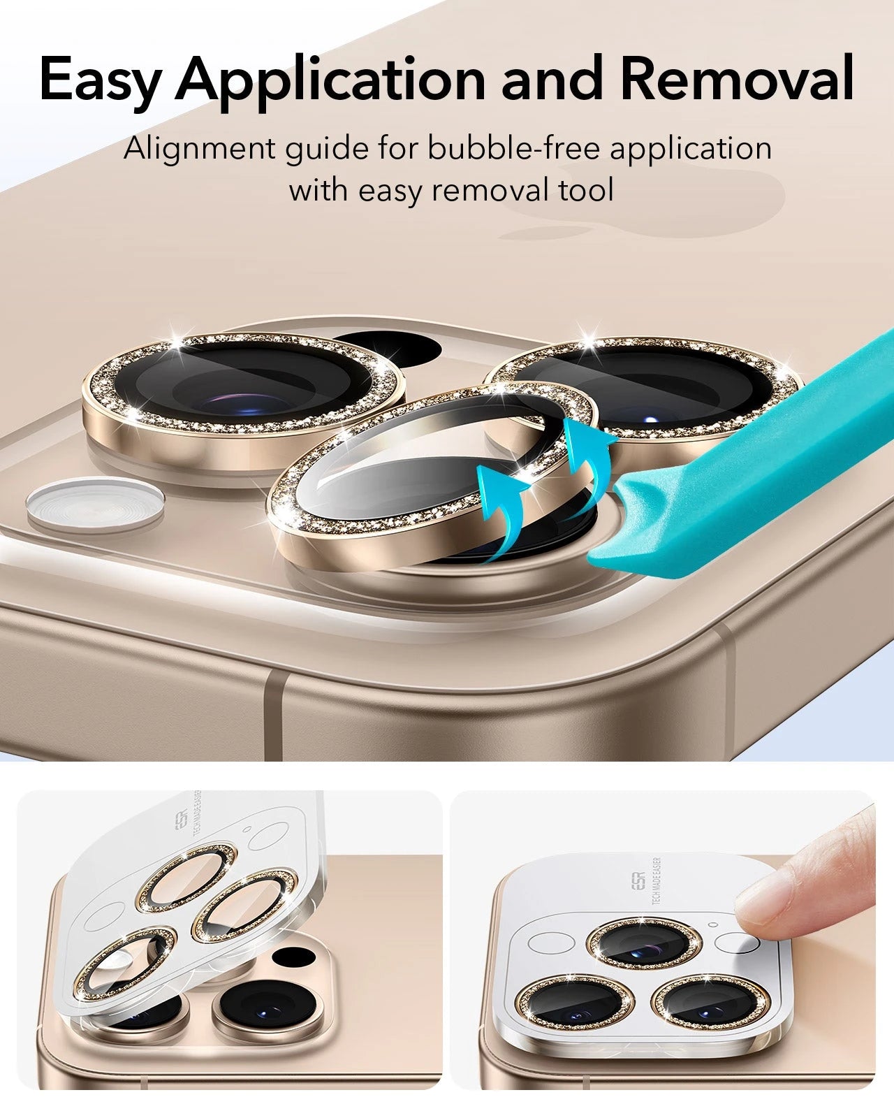 iPhone 17 Pro Max17 Pro16 Pro Max16 Pro15 Pro Max15 Pro14 Pro Max14 Pro Cameras Lens Protector Desert Titanium Shimmer easy application and removal