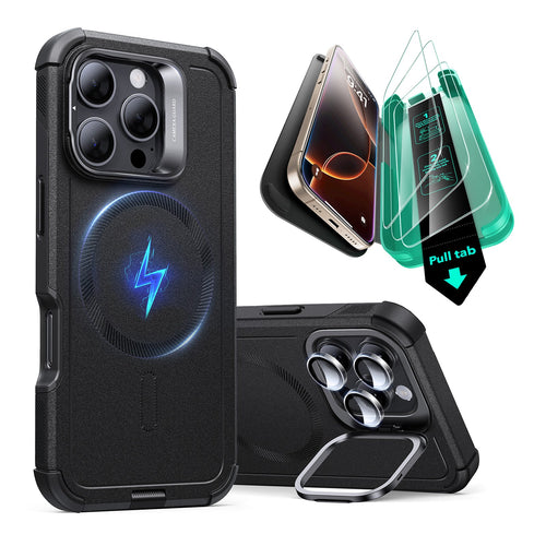 iPhone 16 Pro Max Cyber Tough Case with Stash Stand Protection Bundle - Black