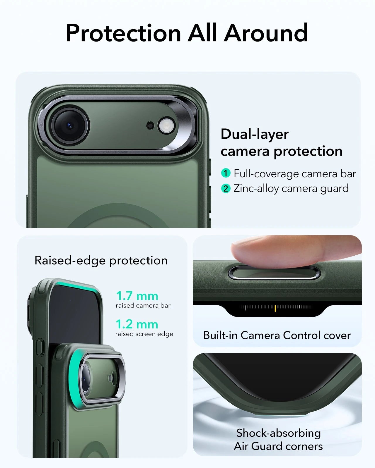 ESR iPhone 17 Air Magsafe Case with Stand Camera Control Frosted Green Raised Edge Protection