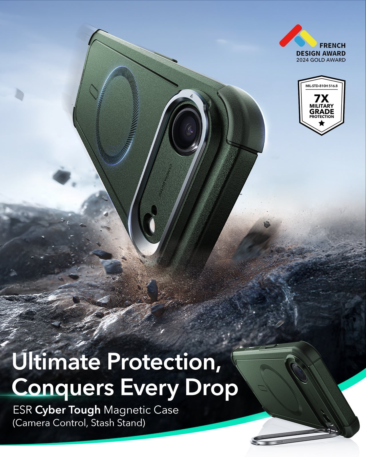 ESR iPhone 17 Air Cyber Tough Magsafe Case with Stand and Camera Control Green 