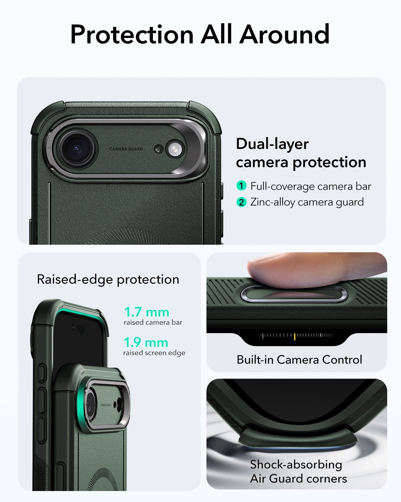 ESR iPhone 17 Air Cyber Tough Magsafe Case with Stand and Camera Control Green Raised Edge Protection