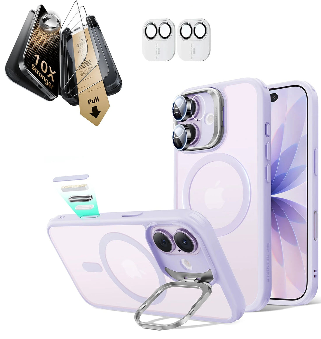 iPhone 17 Classic Hybrid Magsafe Case with Stand & Corning Glass Screen Protector Bundle Frosted Light Purple