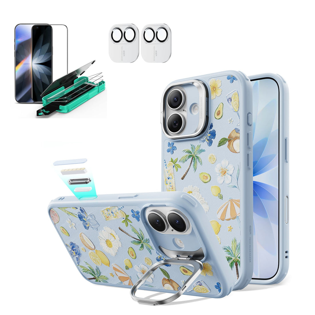 Blue Floral iPone 17 Magsafe Case with Stand pair Armorite Tempered Glass Screen Protector