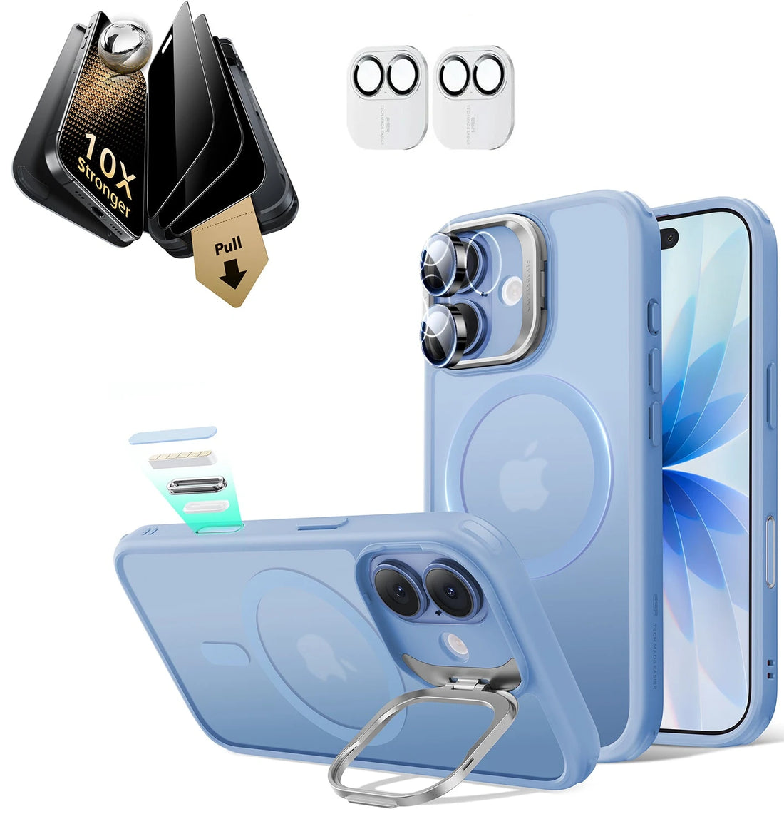 iPhone 17 Classic Hybrid Magsafe Case with Stand & Corning Glass Privacy Screen Protector Bundle Frosted Light Blue