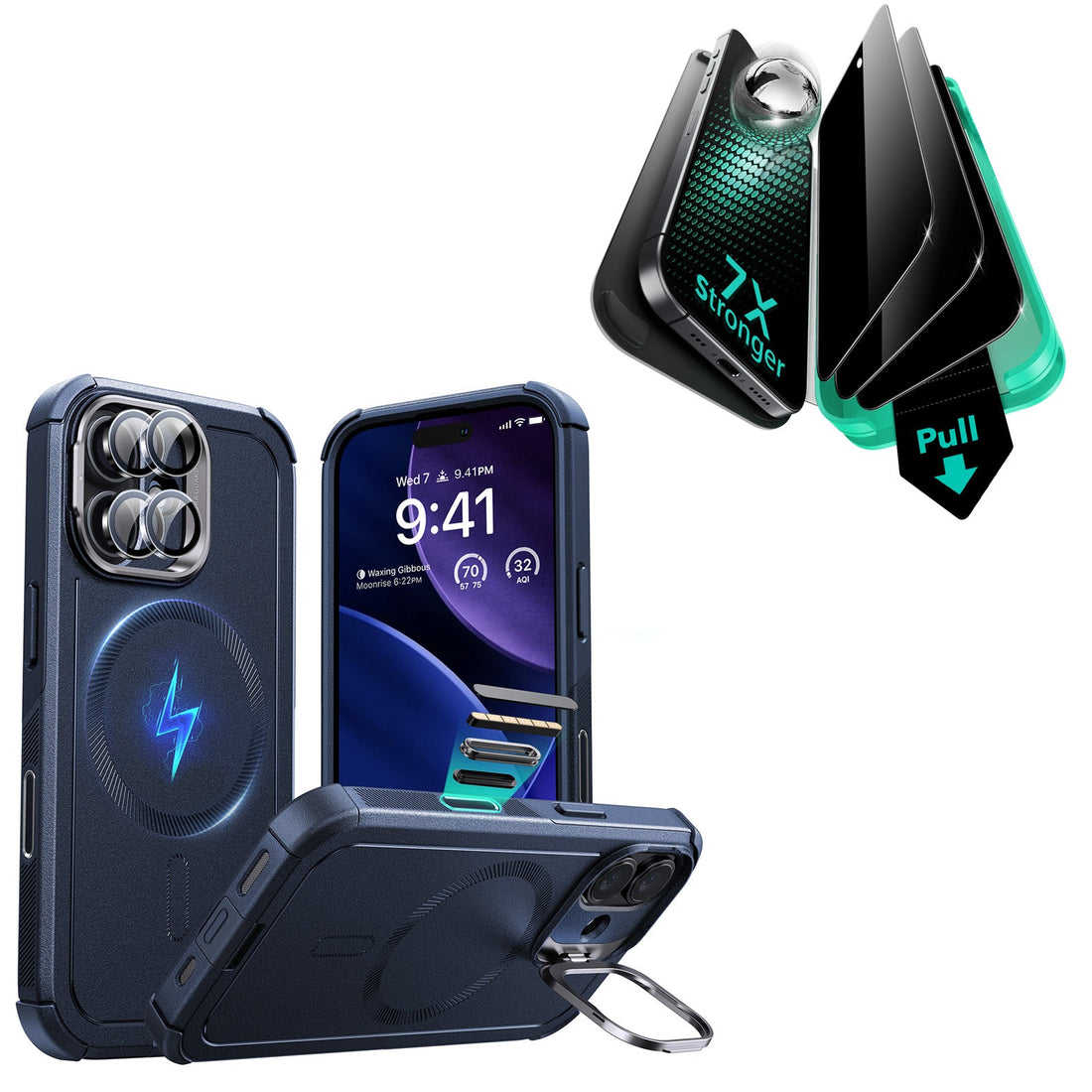 iPhone 17 Bundle Cyber Tough Magnetic Case (Camera Control, Stash Stand) and Armorite Privacy Screen Protector - Navy Blue ESR ESR