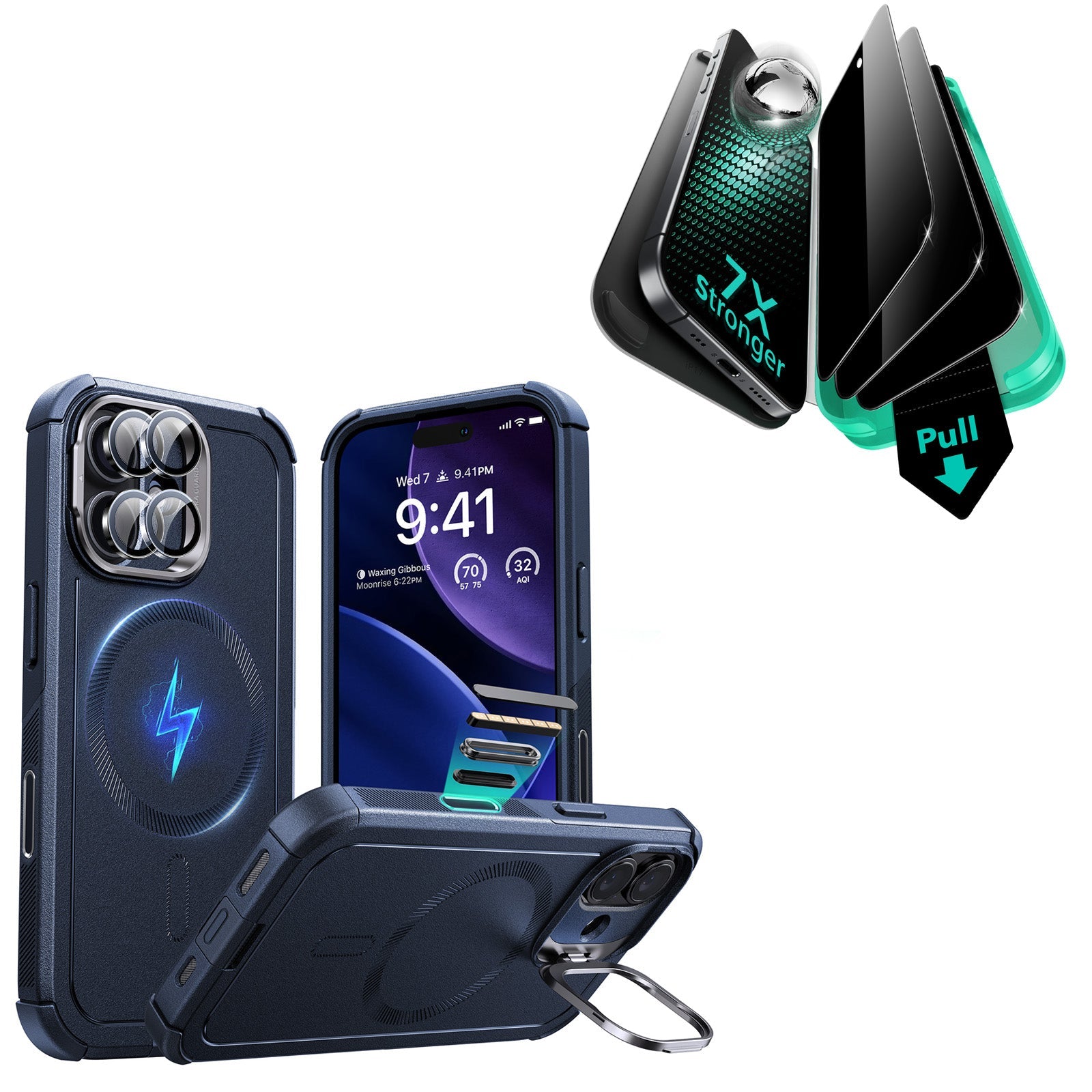 iPhone 17 Bundle Cyber Tough Magnetic Case (Camera Control, Stash Stand) and Armorite Privacy Screen Protector - Navy Blue ESR ESR