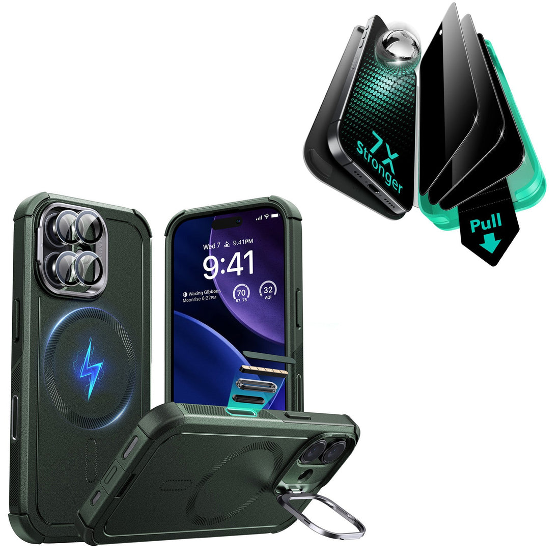 iPhone 17 Bundle Cyber Tough Magnetic Case (Camera Control, Stash Stand) and Armorite Privacy Screen Protector - Olive Green ESR ESR