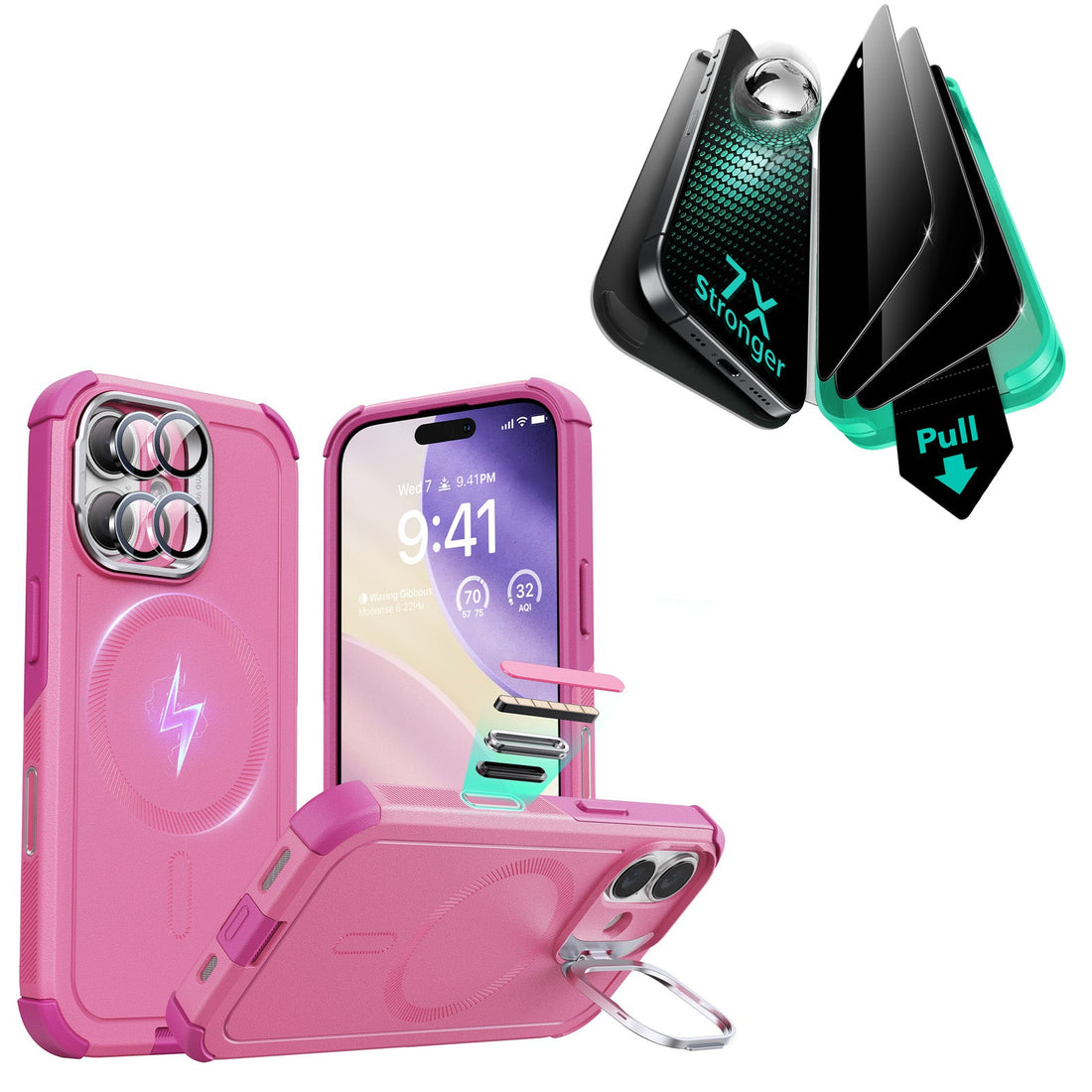 iPhone 17 Bundle Cyber Tough Magnetic Case (Camera Control, Stash Stand) and Armorite Privacy Screen Protector - Rosy Pink ESR ESR