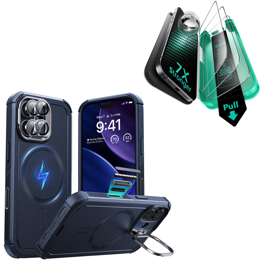 iPhone 17 Bundle Cyber Tough Magnetic Case (Camera Control, Stash Stand) and Armorite Screen Protector - Navy Blue ESR ESR