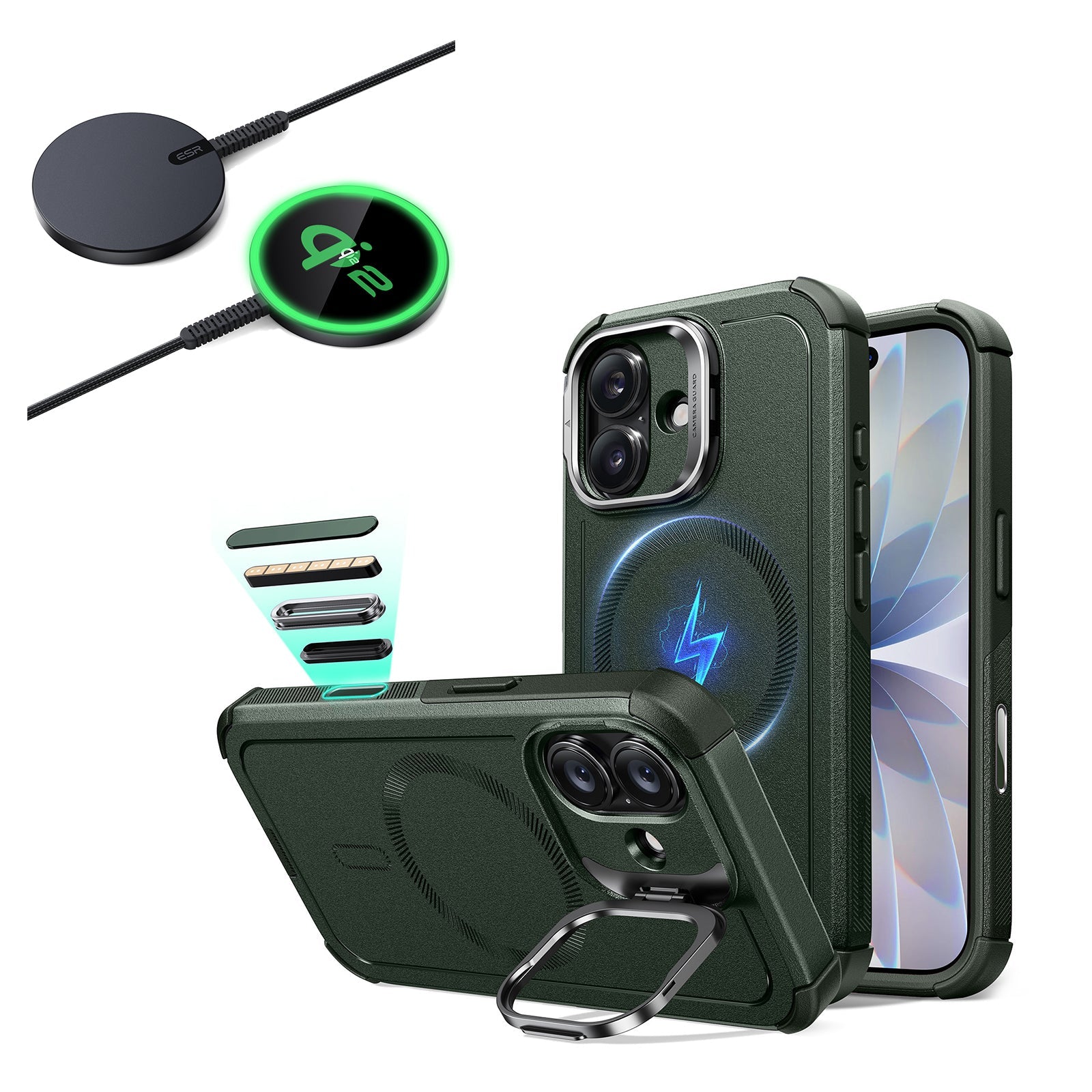 iPhone 17 Cyber Tough Magsfae Case with Stand and Qi2 wireless Charger Green