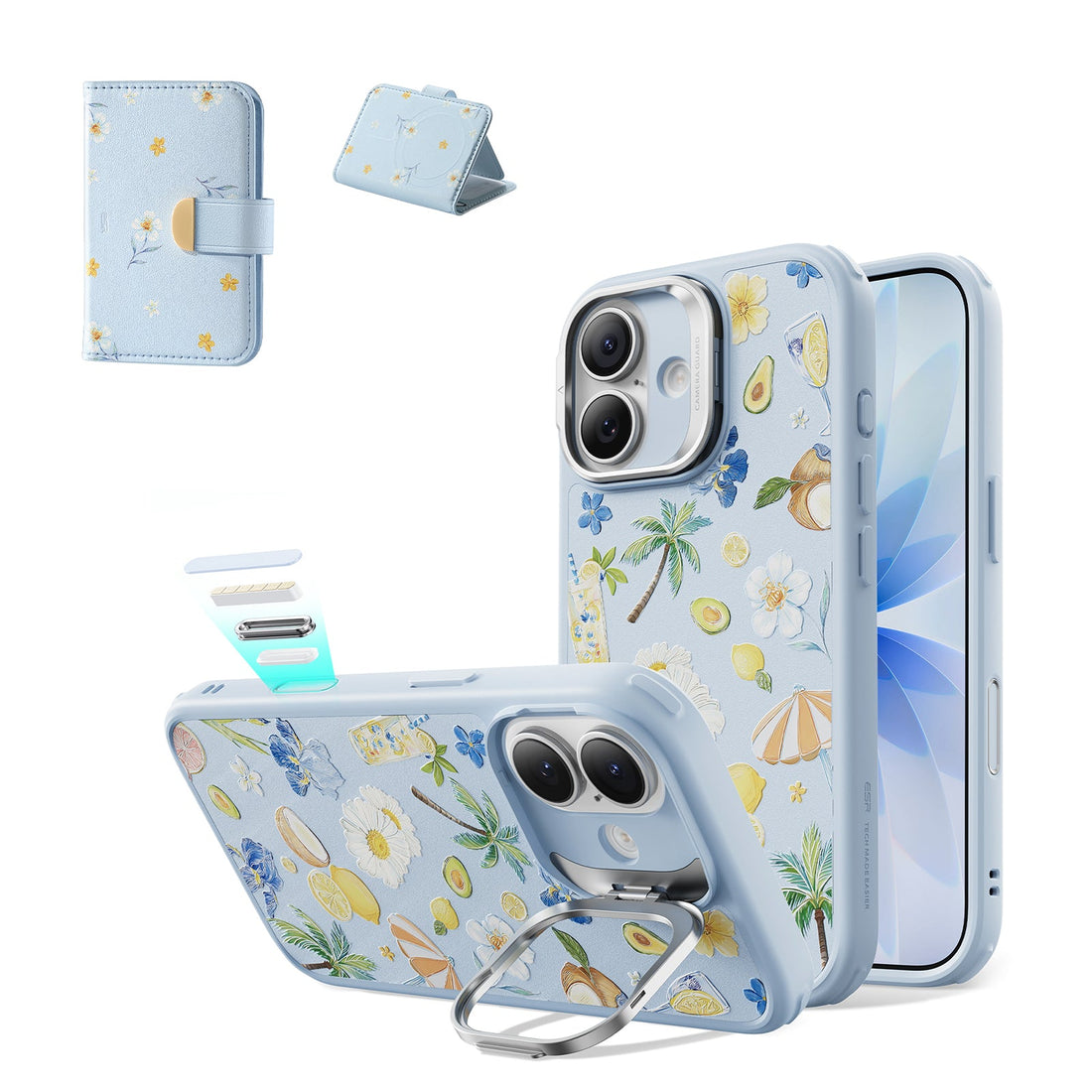 Blue Floral iPone 17 Magsafe Case with Stand pair Aura Clutch MagSafe Wallet