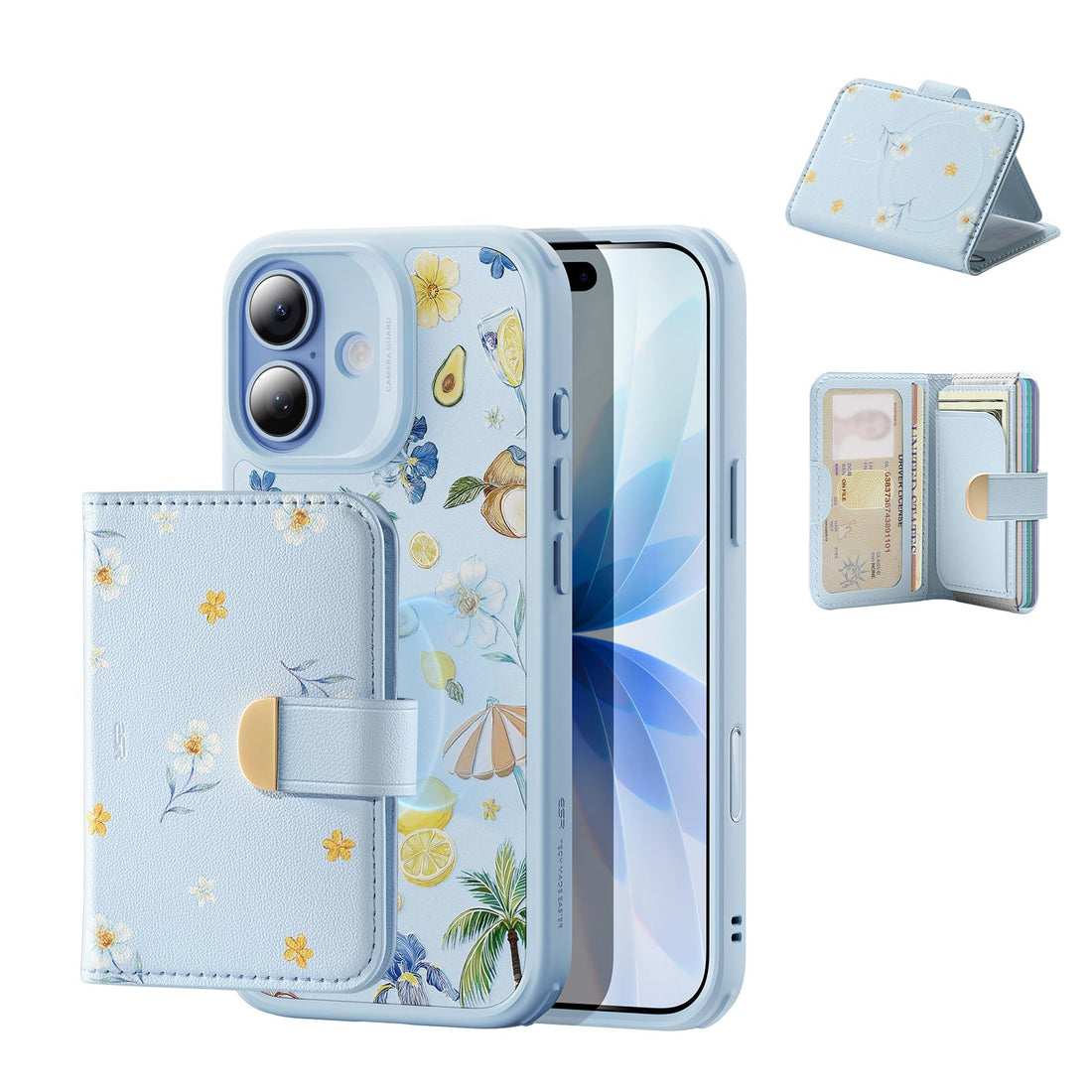 Blue Floral iPone 17 Magsafe Case with Aura Clutch MagSafe Wallet