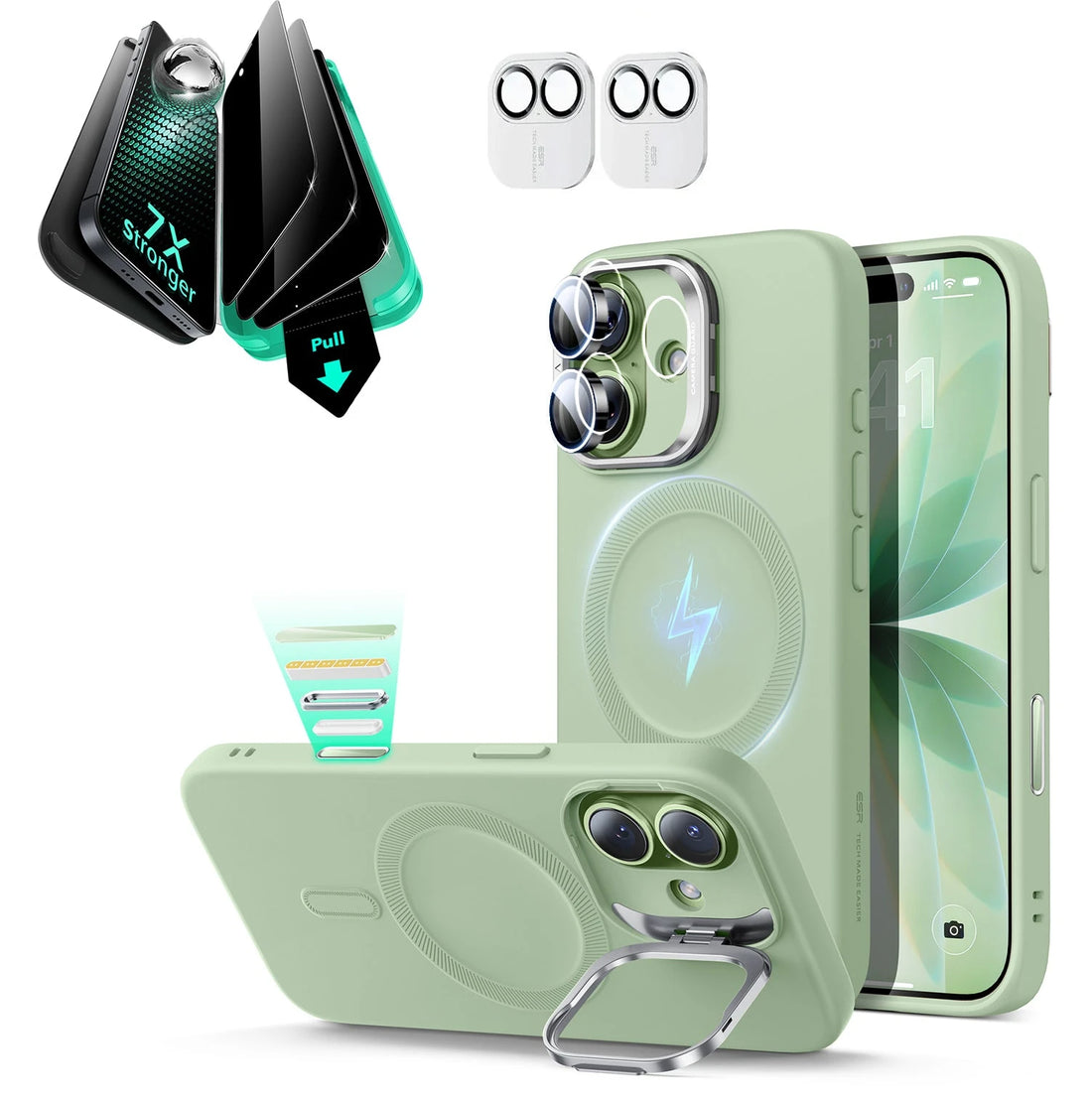iPhone 17 Silicone Magsafe Case with Stand & Armorite Privacy Screen Protector Bundle Green