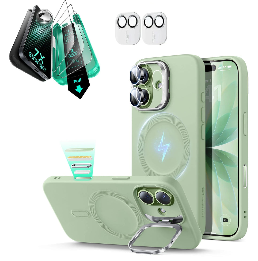 iPhone 17 Silicone Magsafe Case with Stand & Armorite Screen Protector Bundle Green
