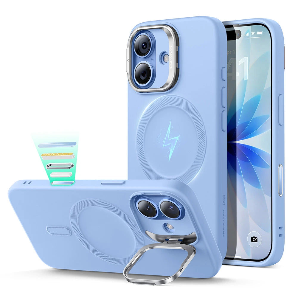 Apple iPhone17 mistblue 本体 ケース付き Mist Blue iPhone 17 Silicone Case with Stand Mount|ESR Premium