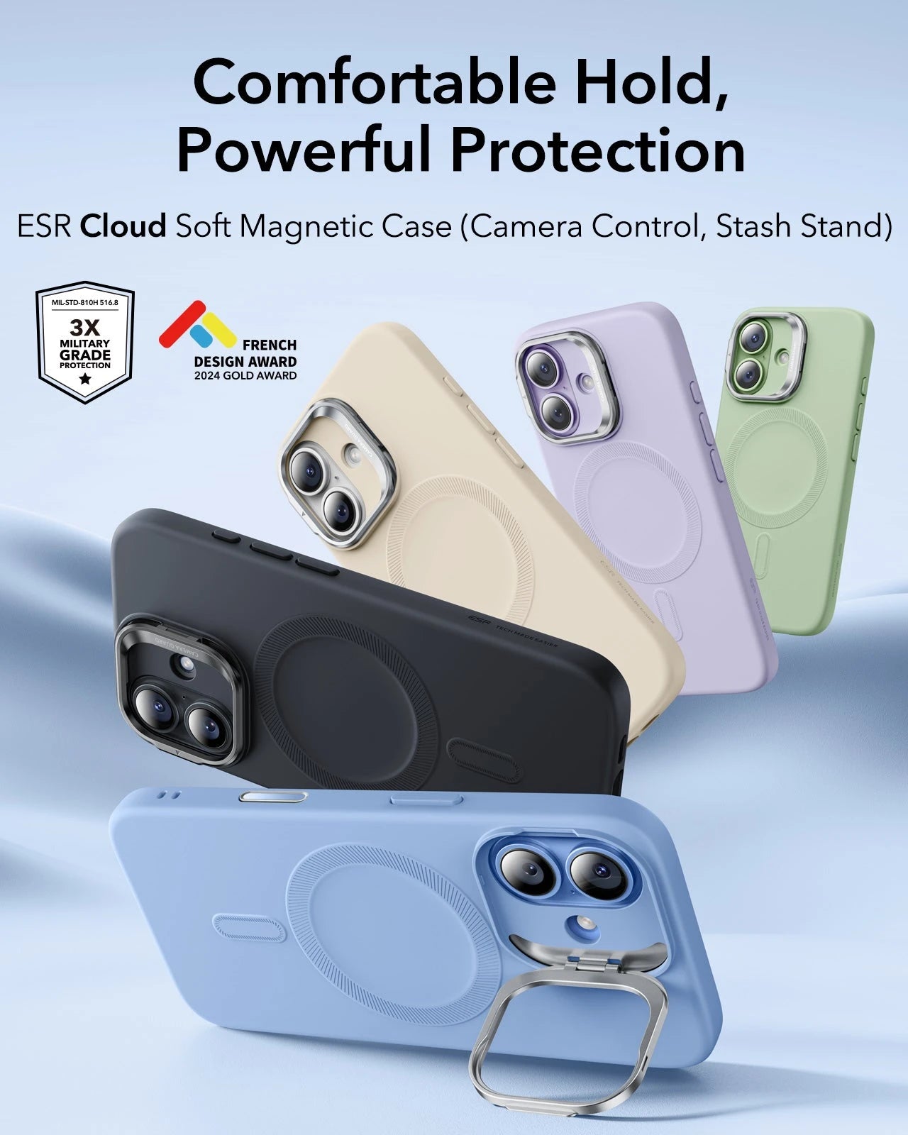 Mist Blue iPhone 17 Silicone Case with Stand Mount|ESR Premium