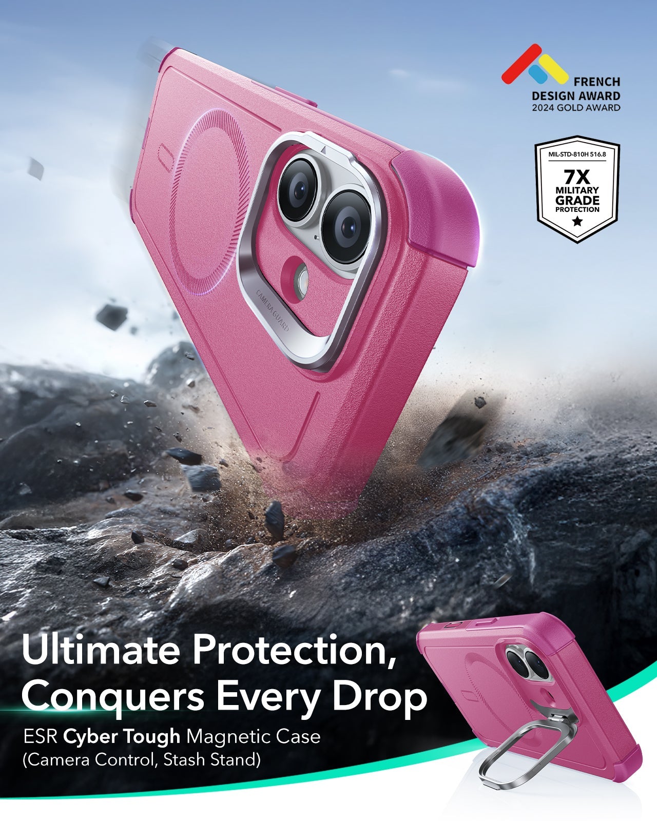ESR iPhone 17 Cyber Tough Magsafe Case with Stand and Camera Control Pink 