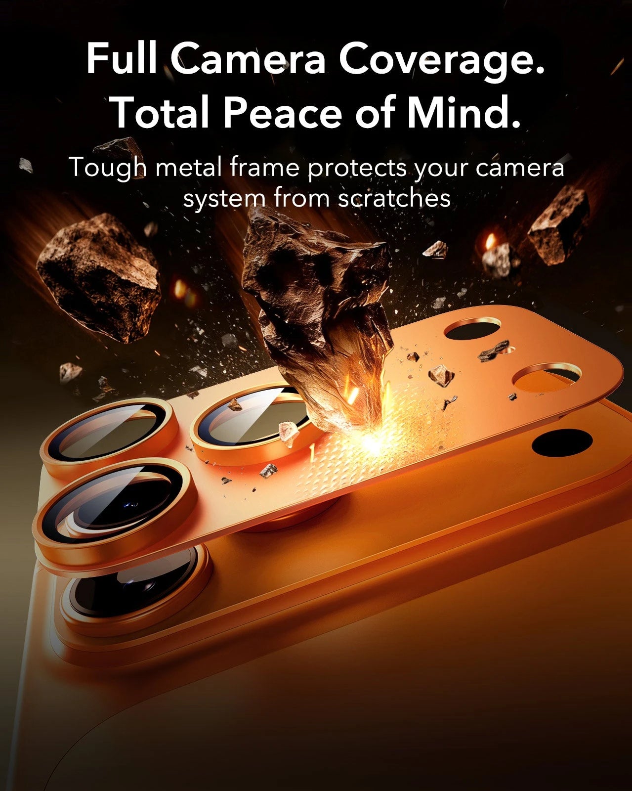 ESR iPhone 17 Pro Corning Glass Camera Lens Protector Orange Tough metal frame protects your camera system from scratches