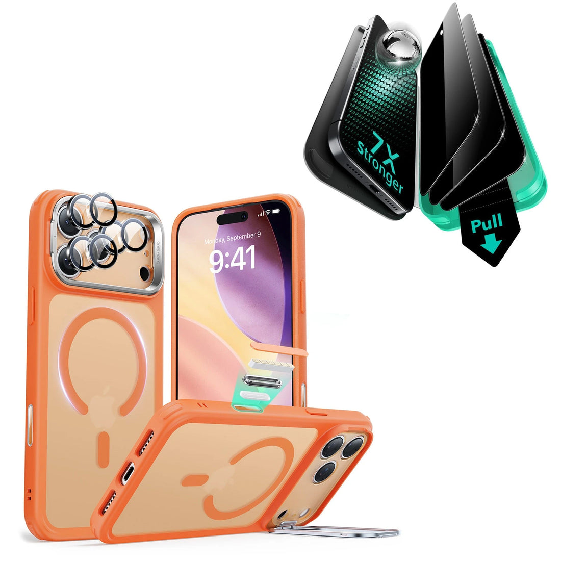 iPhone 17 Pro Bundle Classic Hybrid Magnetic Case (Camera Control, Stash Stand) and Armorite Privacy Screen Protector - Frosted Orange ESR ESR