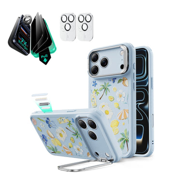 Blue Floral iPone 17 Pro Magsafe Case with Stand pair Armorite Tempered Glass Privacy Screen Protector