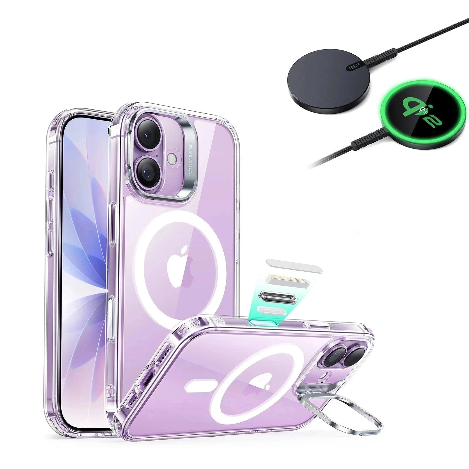 iPhone 17 Magsafe Phone Case with Stand  and Qi2 Wireless Charger Clear