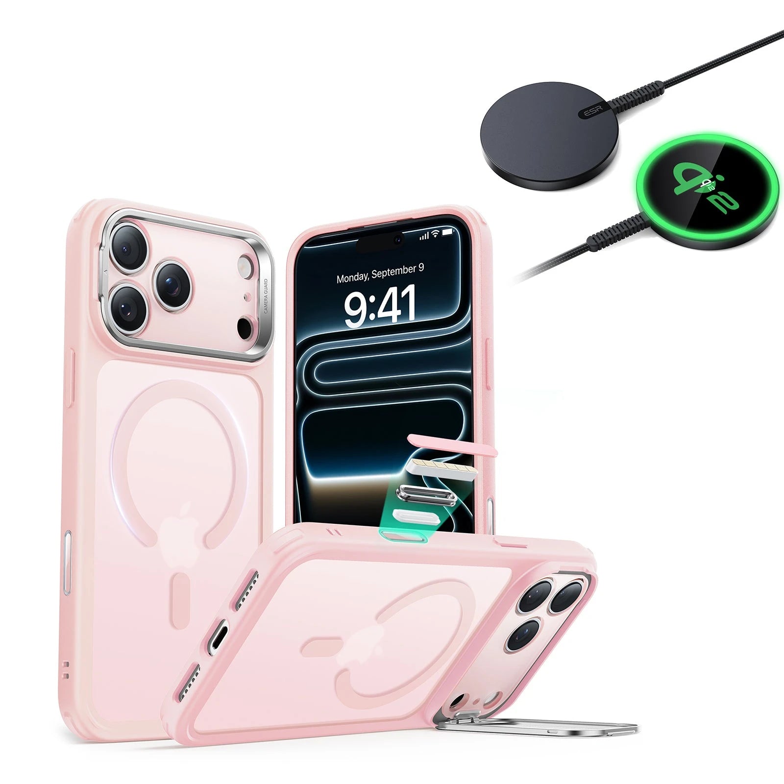 iPhone 17 Pro Classic Hybrid Magsafe Case With Stand  and Qi2 Wireless Charger Frosted Bubblegum Pink 