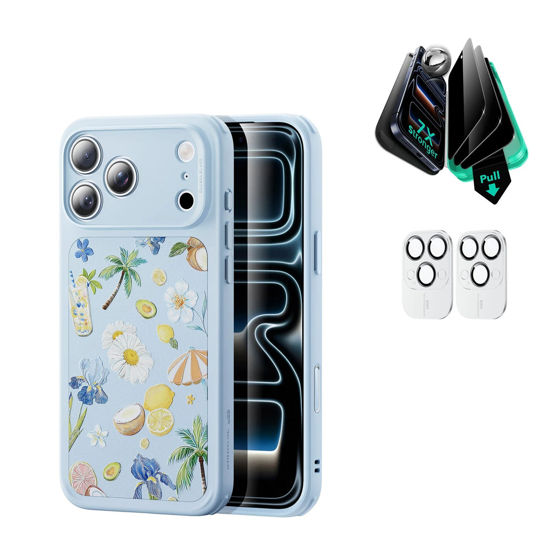  Blue Floral iPone 17 Pro Magsafe Case pair Armorite Tempered Glass Privacy Screen Protector