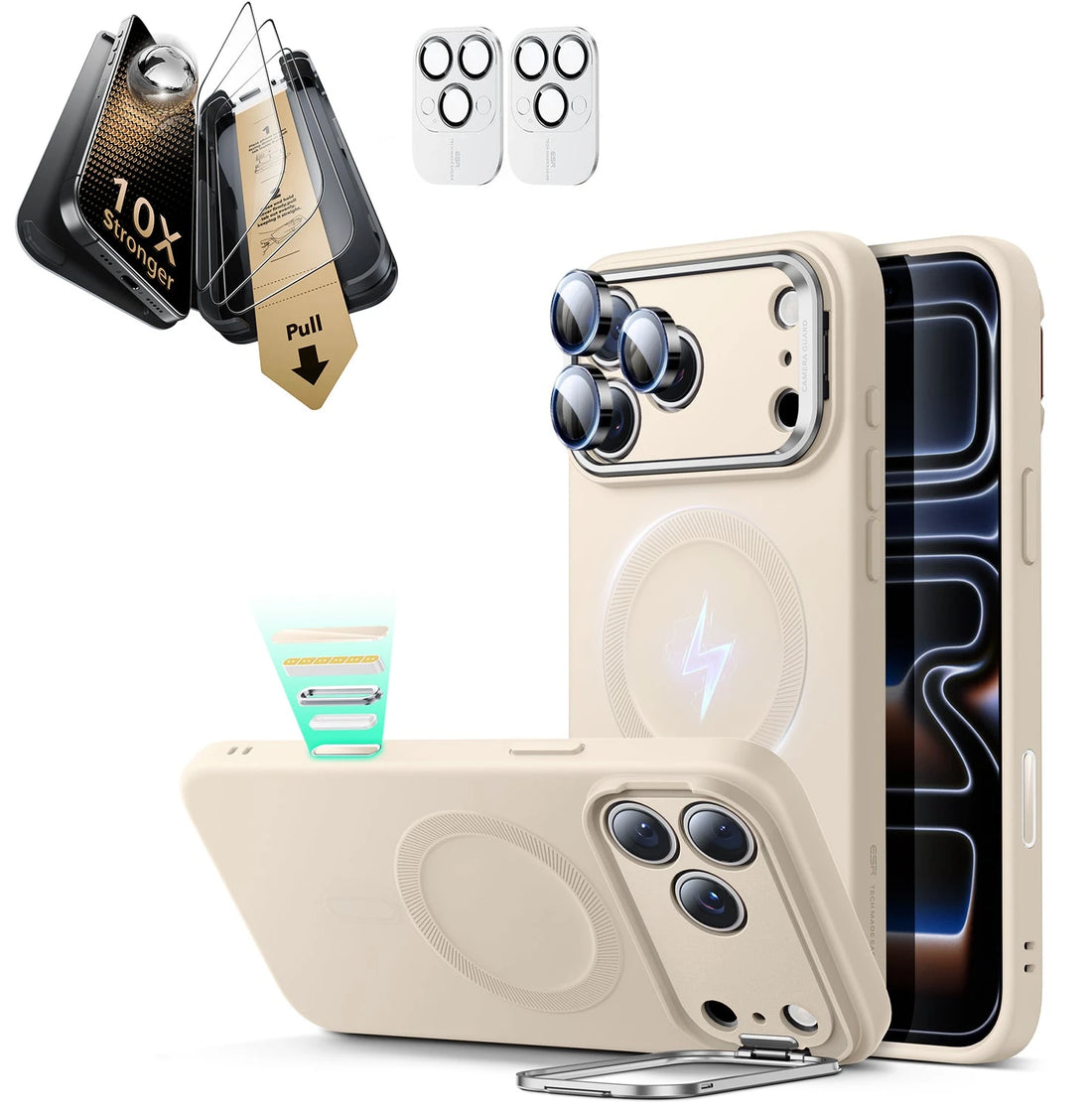 iPhone 17 Pro Silicone Magsafe Case with Stand & Corning Glass Screen Protector Bundle Light Tan