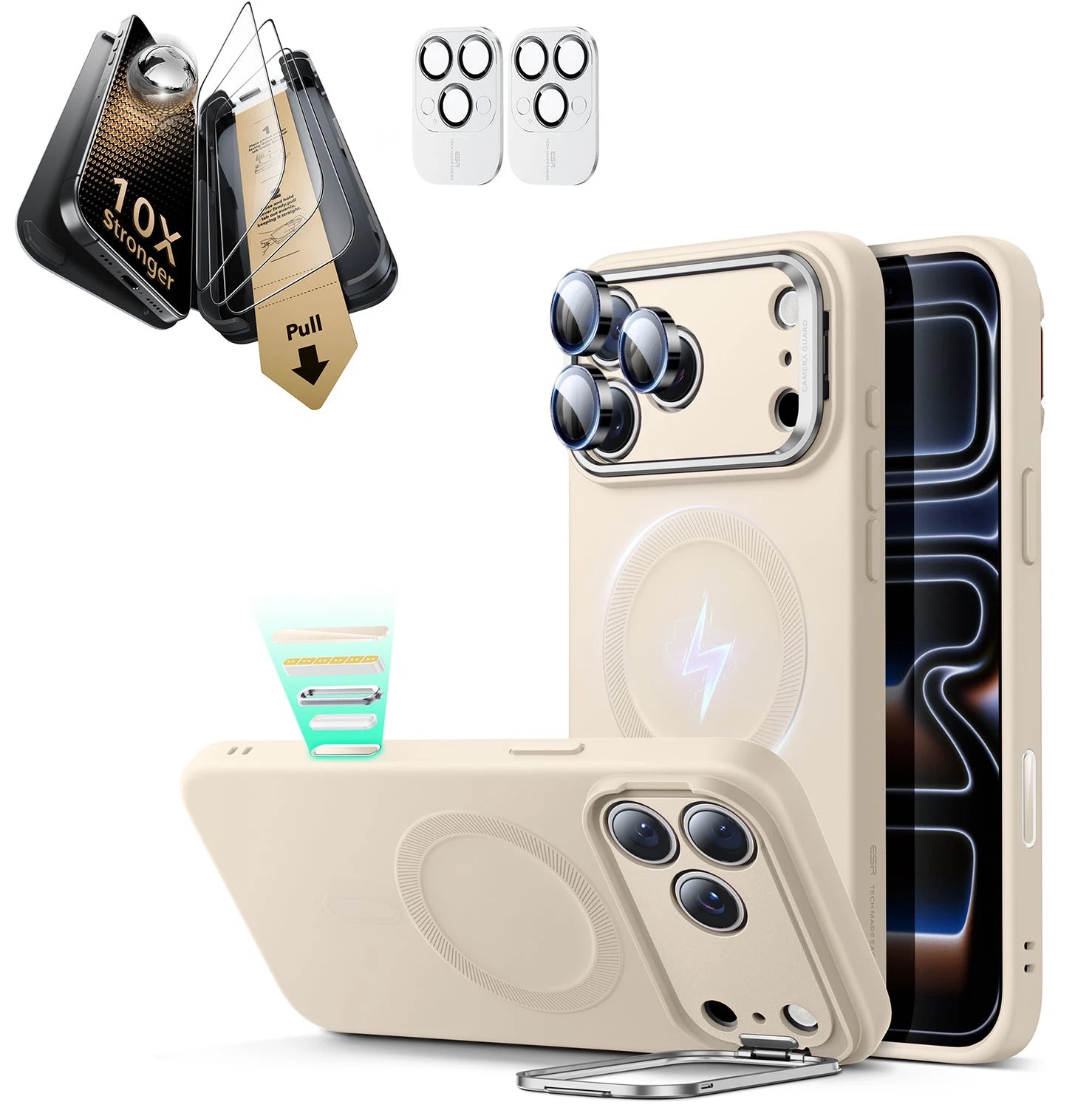 iPhone 17 Pro Silicone Magsafe Case with Stand & Corning Glass Screen Protector Bundle Light Tan