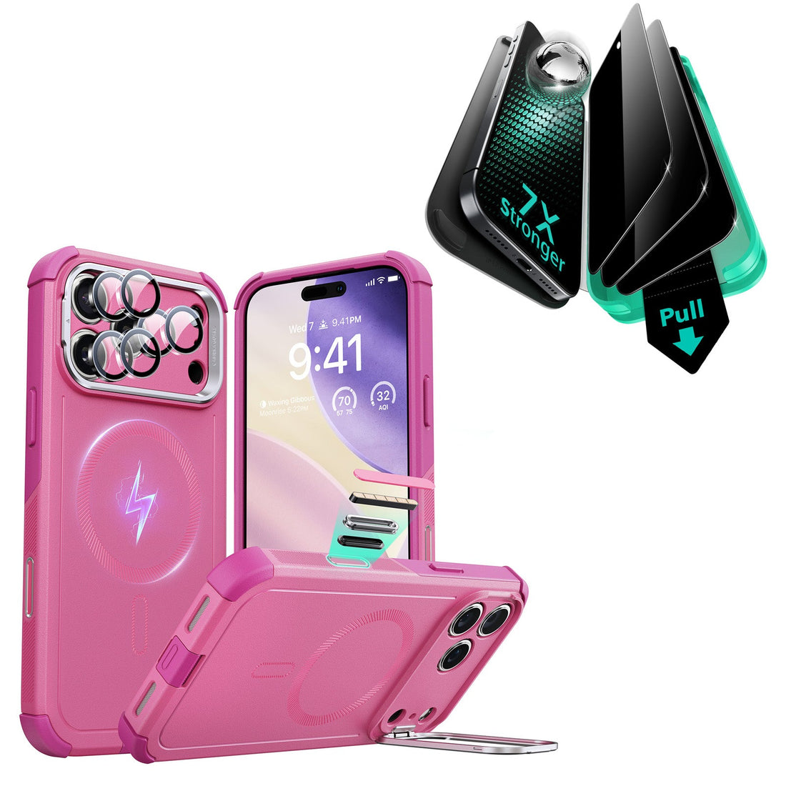 iPhone 17 Pro Bundle Cyber Tough Magnetic Case (Camera Control, Stash Stand) and Armorite Privacy Screen Protector - Rosy Pink ESR ESR