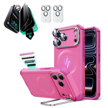 iPhone 17 Pro Cyber Tough Magsafe Case with Stand and Armorite Privacy Screen Protector Pink