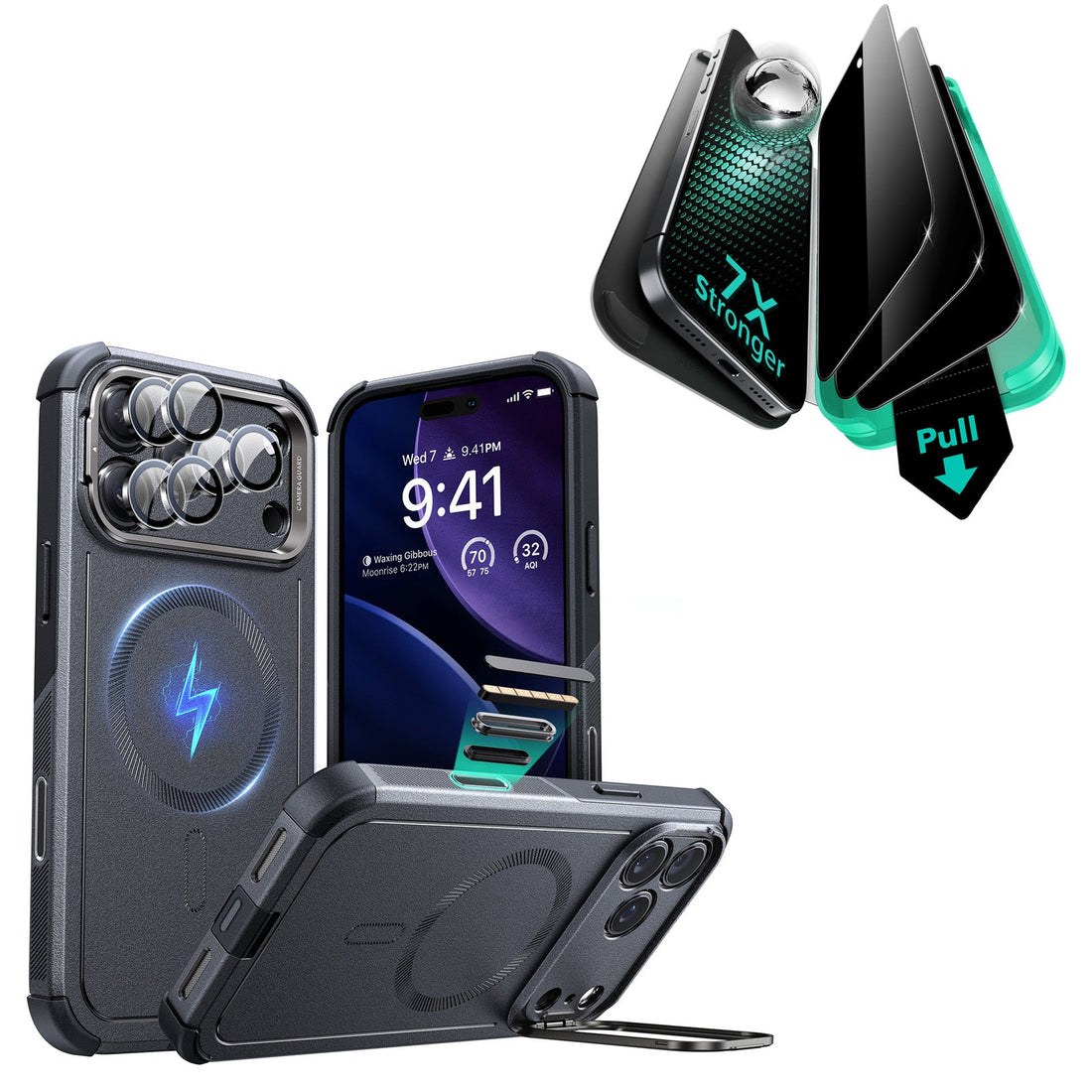 iPhone 17 Pro Bundle Cyber Tough Magnetic Case (Camera Control, Stash Stand) and Armorite Privacy Screen Protector - Space Gray ESR ESR