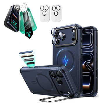 iPhone 17 Pro Cyber Tough Magsafe Case with Stand and Armorite Screen Protector Blue