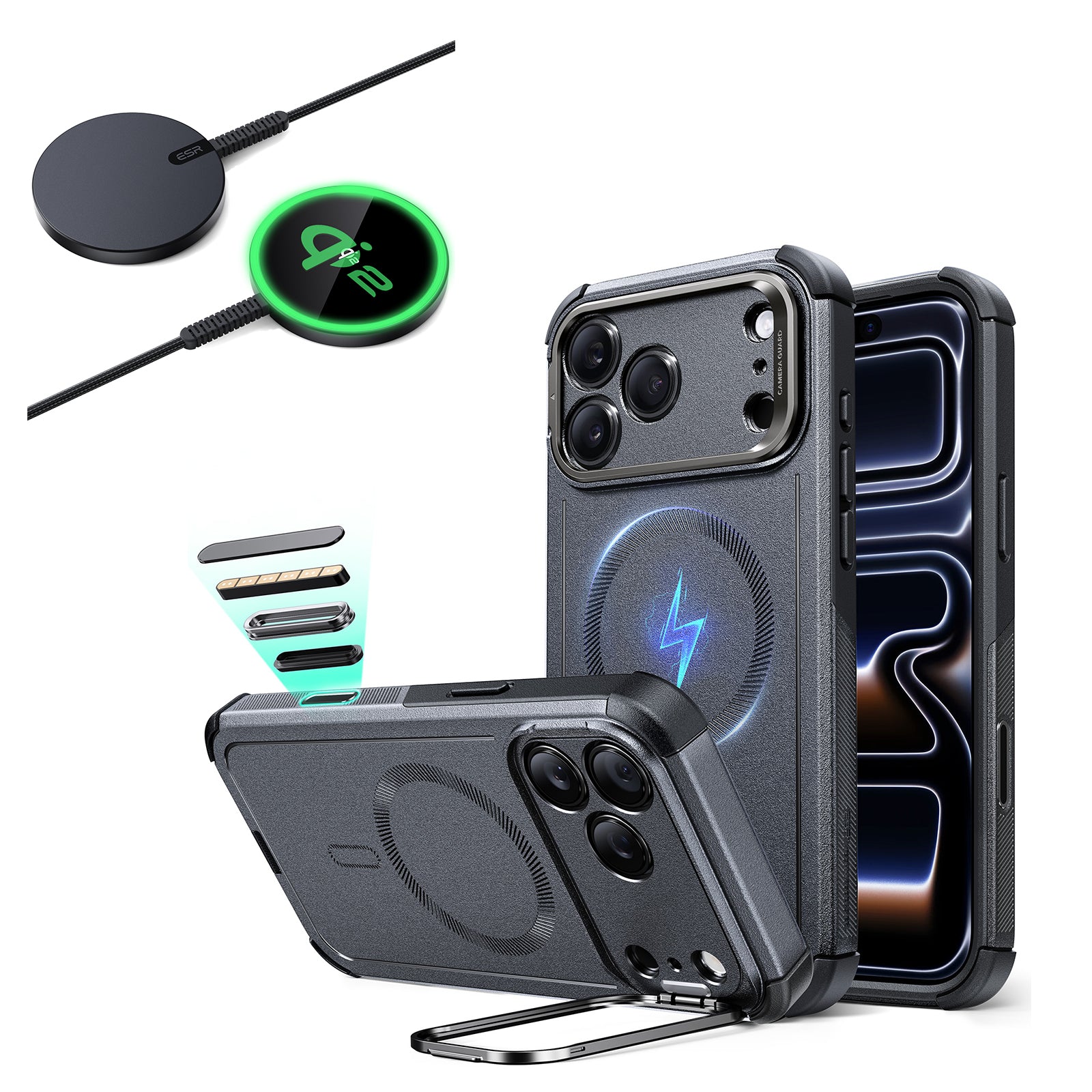 Gray Ruggged iPhone 17 Pro Case & 15W Wireless Charging Pad | ESR Cyber