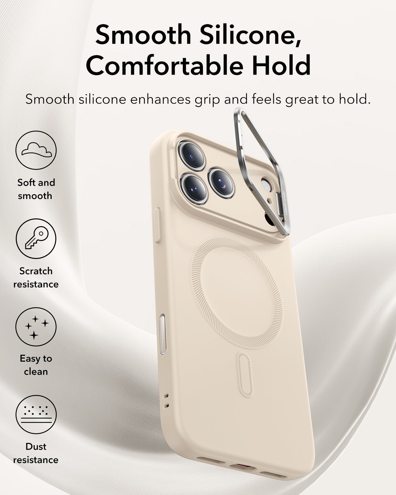 iPhone 17 Pro Cloud Soft Silicone Magsfae Case with Stand Light Tan  Smooth Silicone, Comfortable Hold