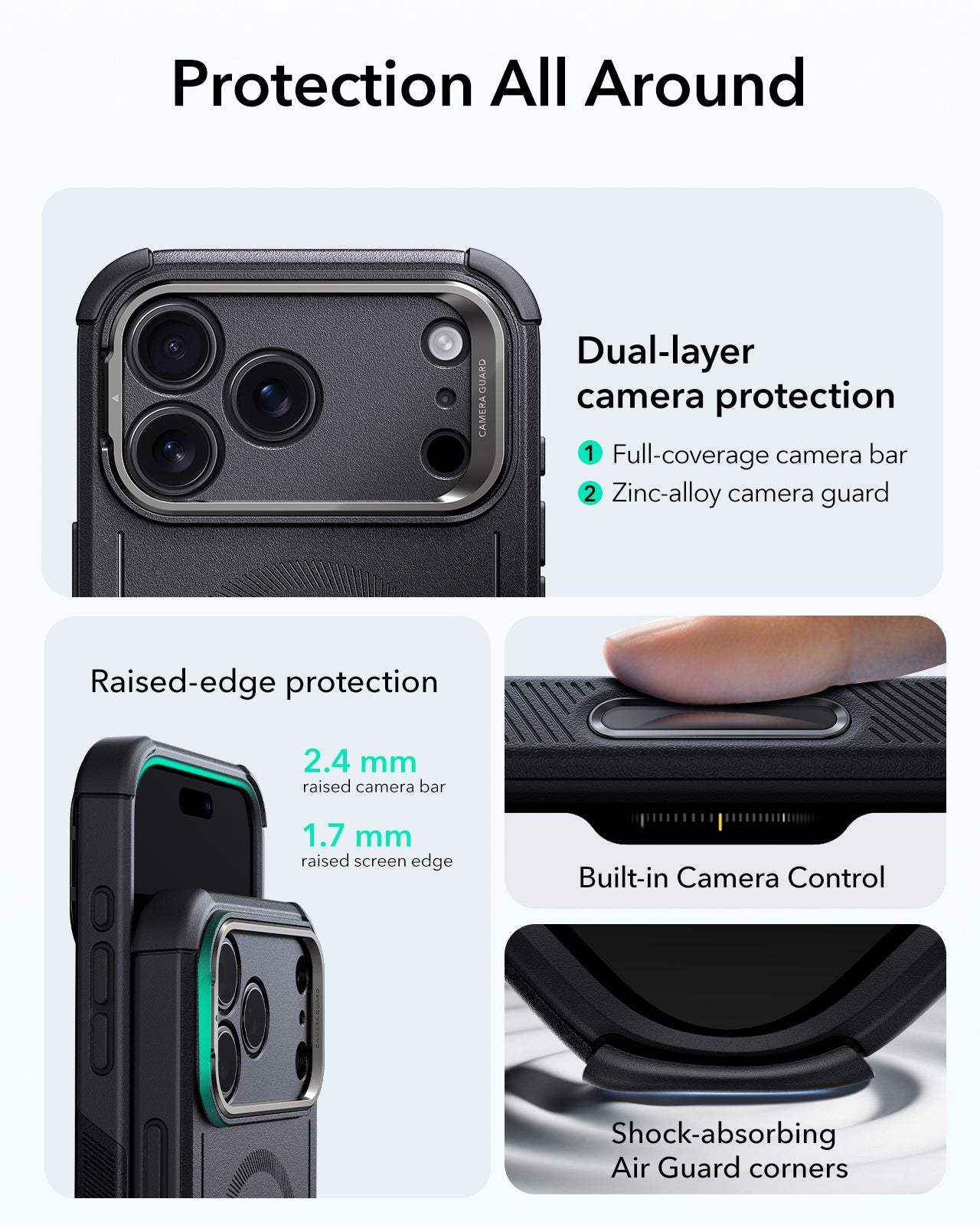 ESR iPhone 17 Pro Cyber Tough Magsafe Case with Stand and Camera Control Black Raised Edge Protection