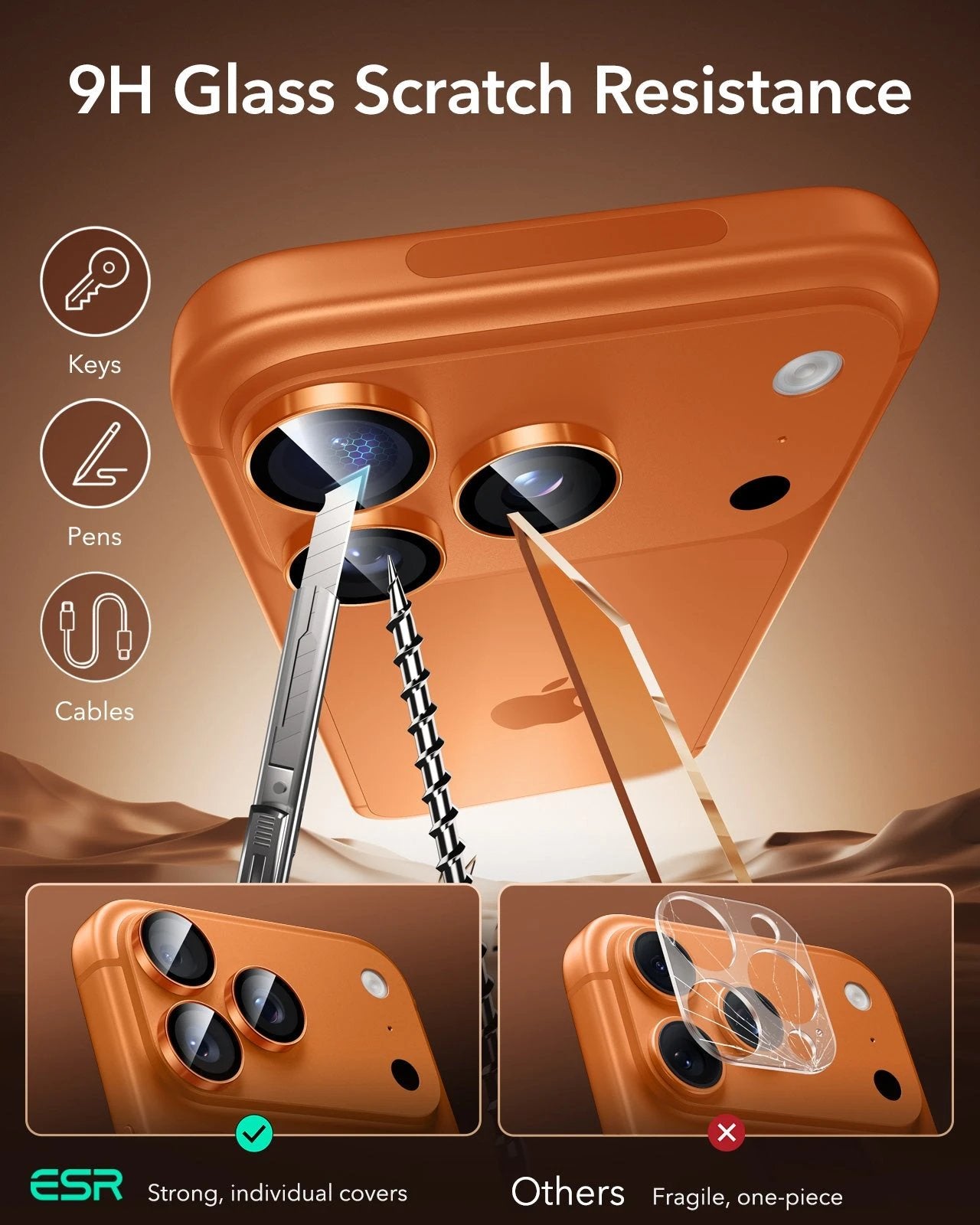 iPhone 17 Pro Max Armorite Camera Lens Protector Orange 9H Glass Scratch Resistance