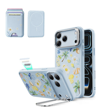 Blue Floral iPone 17 Pro Max Magsafe Case with Stand pair Slim MagSafe Wallet