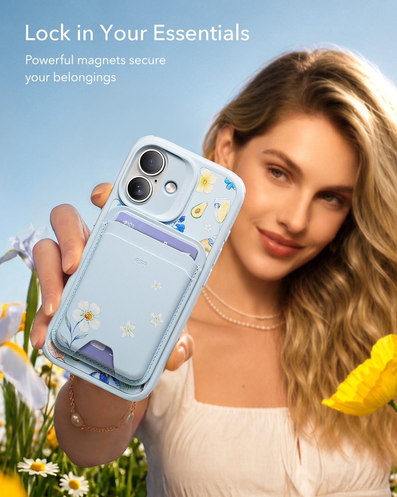 ESR Blue Floral iPone 17 Magsafe Case with Stand pair Slim MagSafe Wallet Lock in Your Essentials