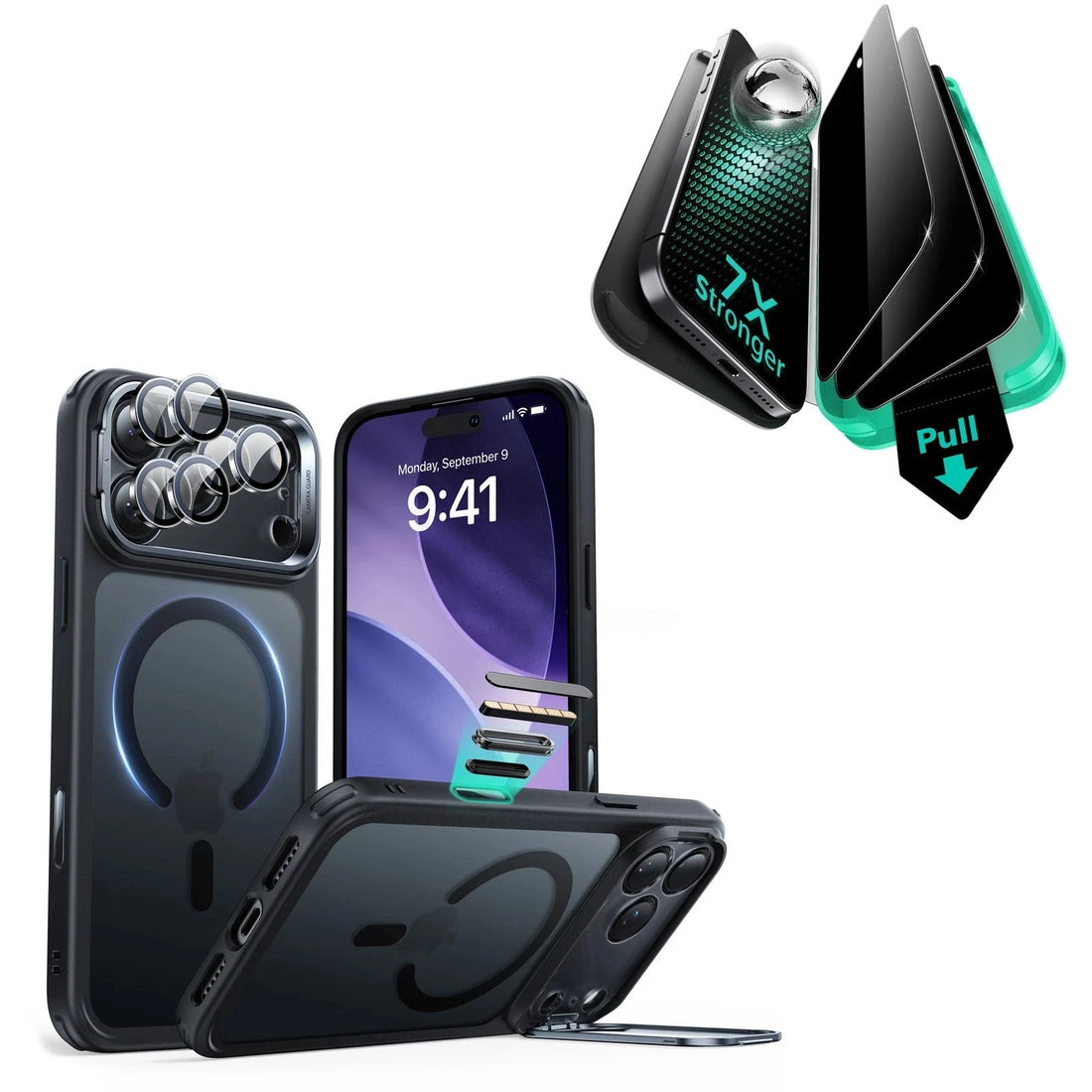 iPhone 17 Pro Max Bundle Classic Hybrid Magnetic Case (Camera Control, Stash Stand) and Armorite Privacy Screen Protector - Clear Black ESR ESR