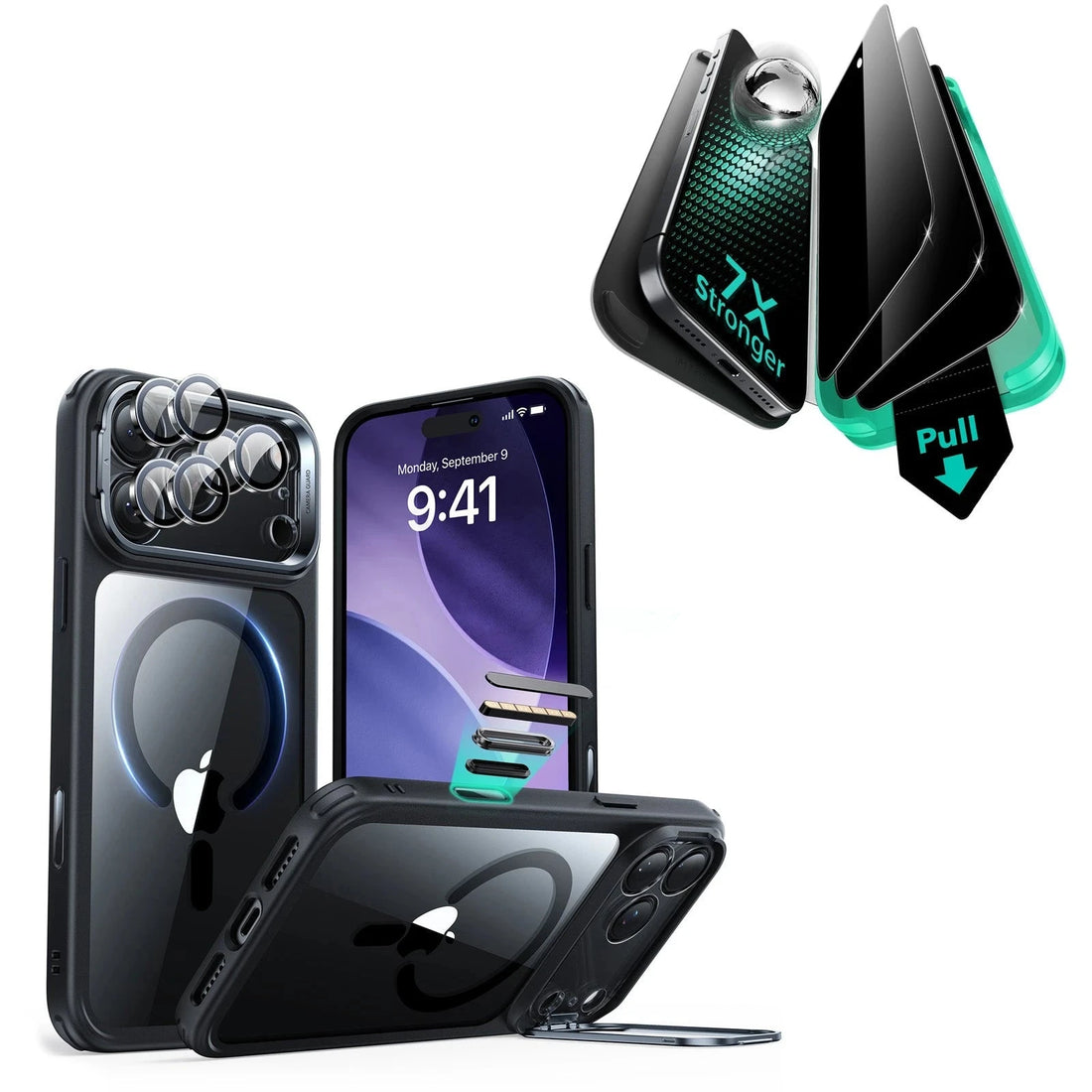 iPhone 17 Pro Max Bundle Classic Hybrid Magnetic Case (Camera Control, Stash Stand) and Armorite Privacy Screen Protector - Clear Black ESR ESR