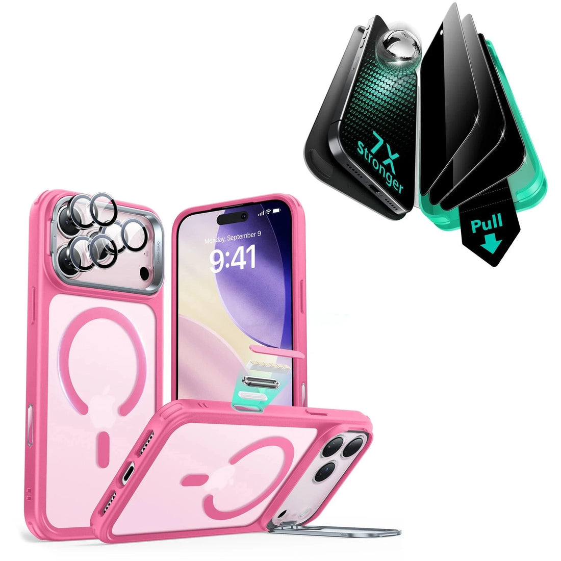 iPhone 17 Pro Max Bundle Classic Hybrid Magnetic Case (Camera Control, Stash Stand) and Armorite Privacy Screen Protector - Frosted Pink ESR ESR
