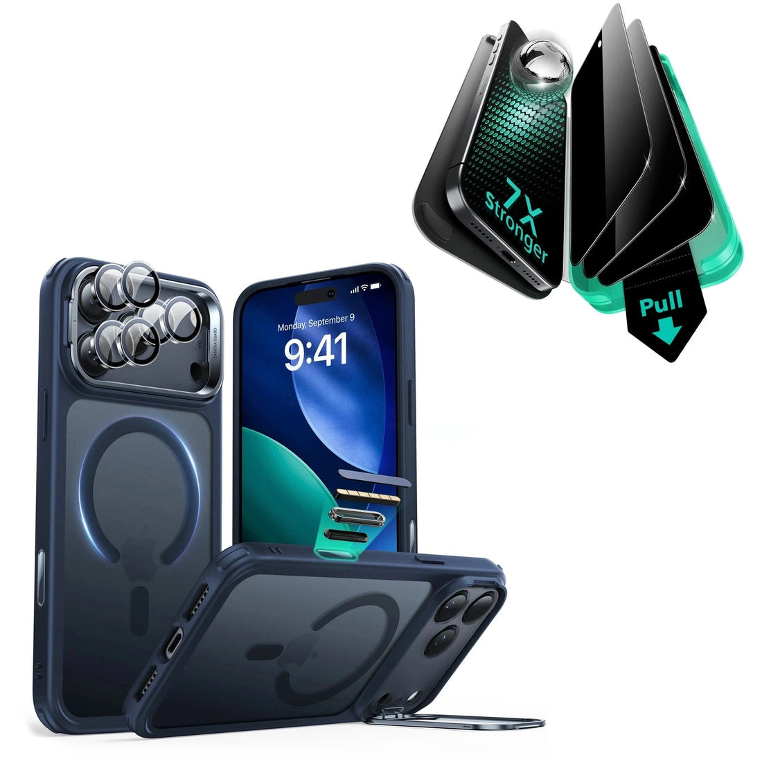iPhone 17 Pro Max Bundle Classic Hybrid Magnetic Case (Camera Control, Stash Stand) and Armorite Privacy Screen Protector - Frosted Blue ESR ESR