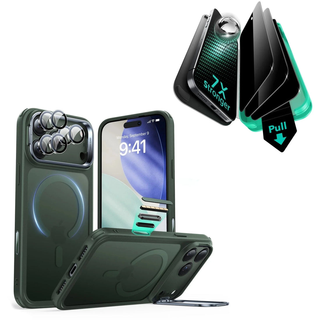 iPhone 17 Pro Max Bundle Classic Hybrid Magnetic Case (Camera Control, Stash Stand) and Armorite Privacy Screen Protector - Frosted Green ESR ESR
