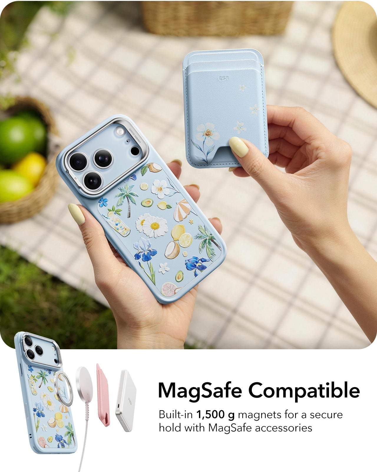 ESR Blue Floral iPhone 17 Pro Max Magsafe Case with Stand MagSafe Compatible